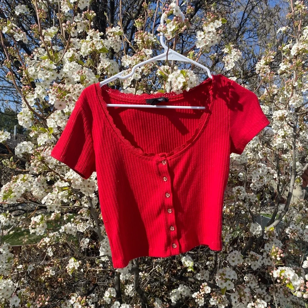 Red Ribbed Button-Up Blouse - Picture 4 of 7